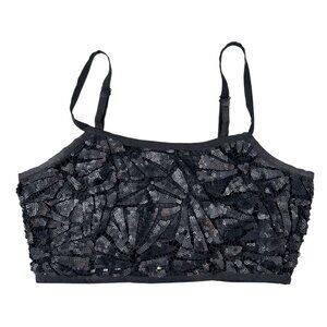 Forever 21 Size M Sequin Black Cropped Cami Top With Adjustable Straps & Back Zi